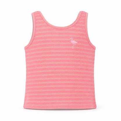 Front view of Marks & Spencer girls’ pink striped cotton basic tank, size 5-6, years scoop neck pullover - flamingo
