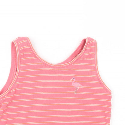 Marks and Spencer Girls Pink Striped Cotton Basic Tank Size 5-6 Years Scoop Neck Pullover - Flamingo