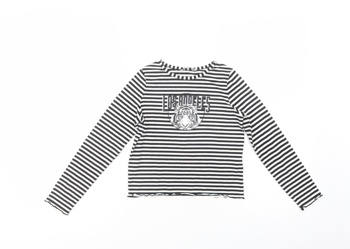 Miss E-vie Girls Black Striped Polyester Basic T-Shirt Size 7-8 Years Crew Neck Pullover - Los Angeles