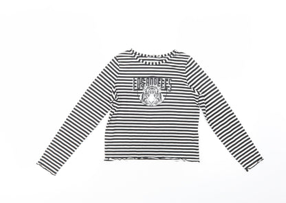 Miss E-vie Girls Black Striped Polyester Basic T-Shirt Size 7-8 Years Crew Neck Pullover - Los Angeles
