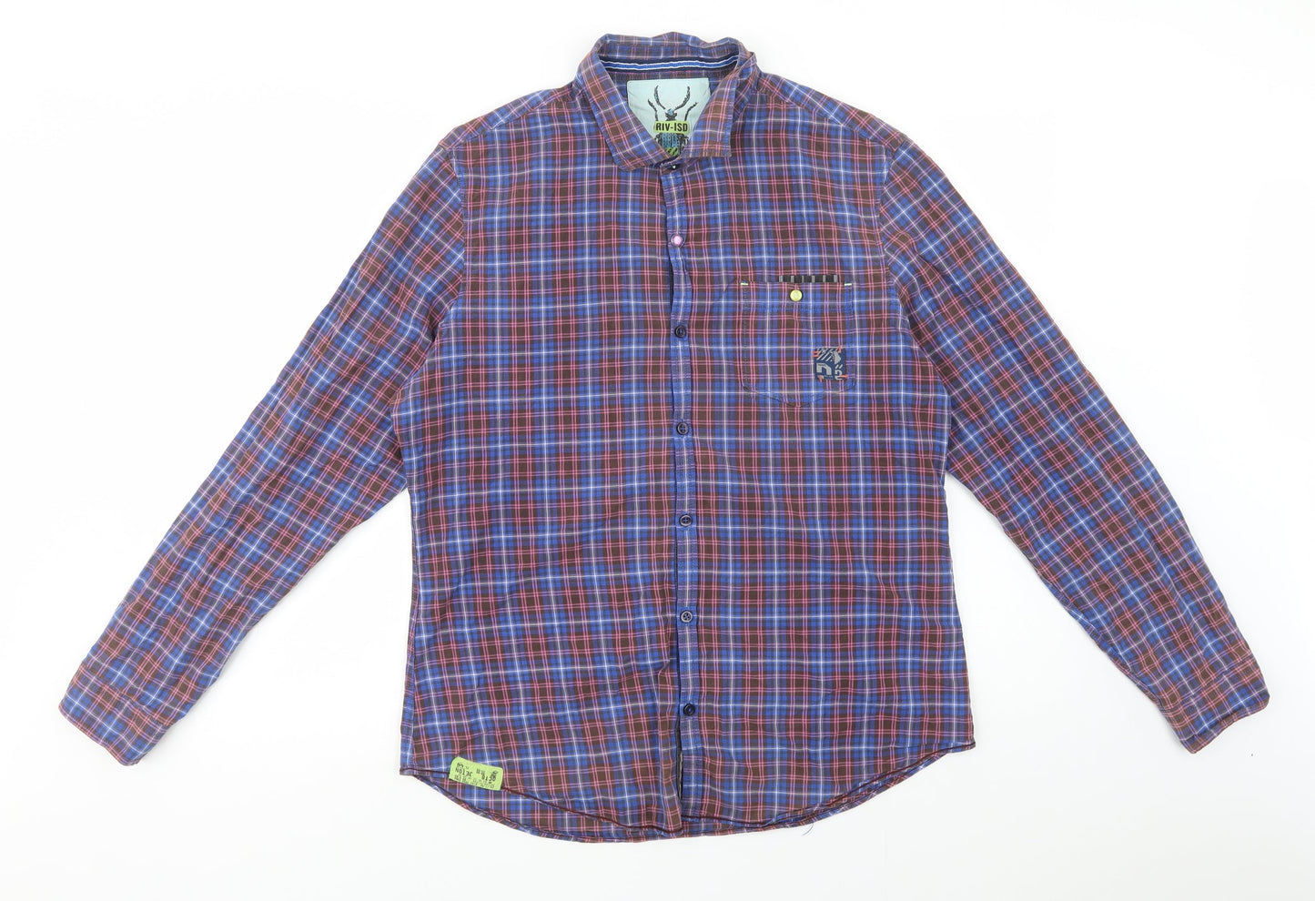 River Island Mens Blue Plaid Cotton  Button-Up Size L Collared Button