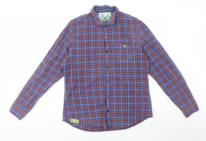River Island Mens Blue Plaid Cotton  Button-Up Size L Collared Button