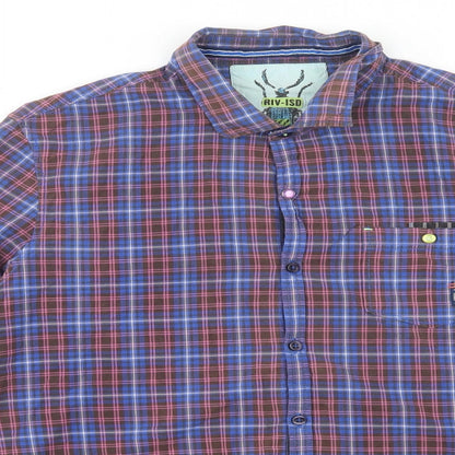 River Island Mens Blue Plaid Cotton  Button-Up Size L Collared Button