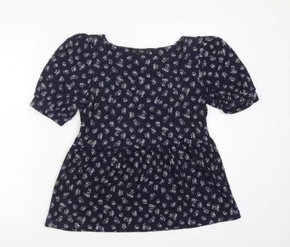F&F Womens Blue Floral Polyester Basic Blouse Size 6 Square Neck