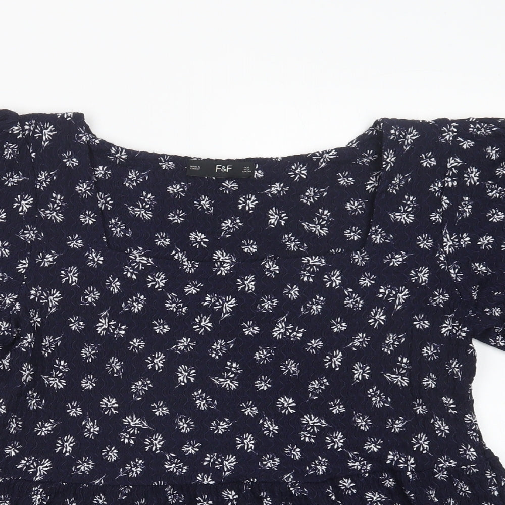 F&F Womens Blue Floral Polyester Basic Blouse Size 6 Square Neck