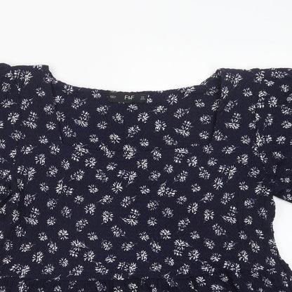 F&F Womens Blue Floral Polyester Basic Blouse Size 6 Square Neck
