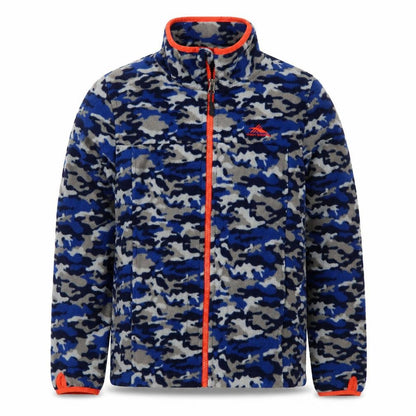 Front view of High Sierra boys’ blue camouflage jacket, size L, zip
