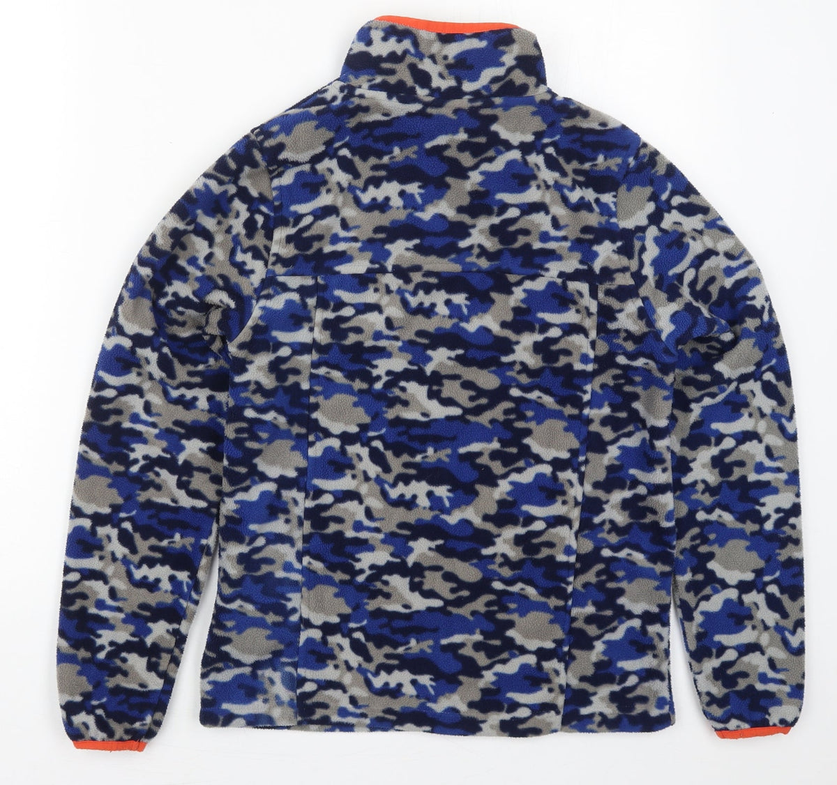 Back view of High Sierra boys’ blue camouflage jacket, size L, zip