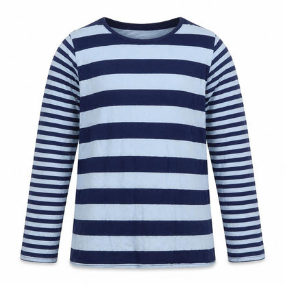Front view of Next girls’ blue striped cotton basic t-shirt, size 11, years round neck pullover