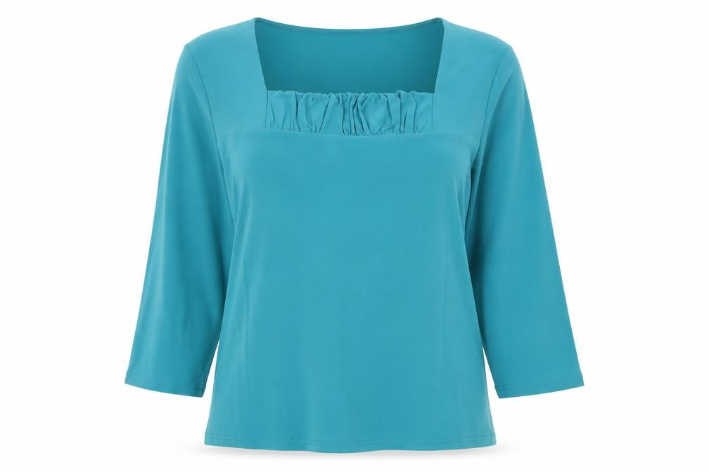 Front view of Red Coral women’s blue polyester basic t-shirt, size L, square neck