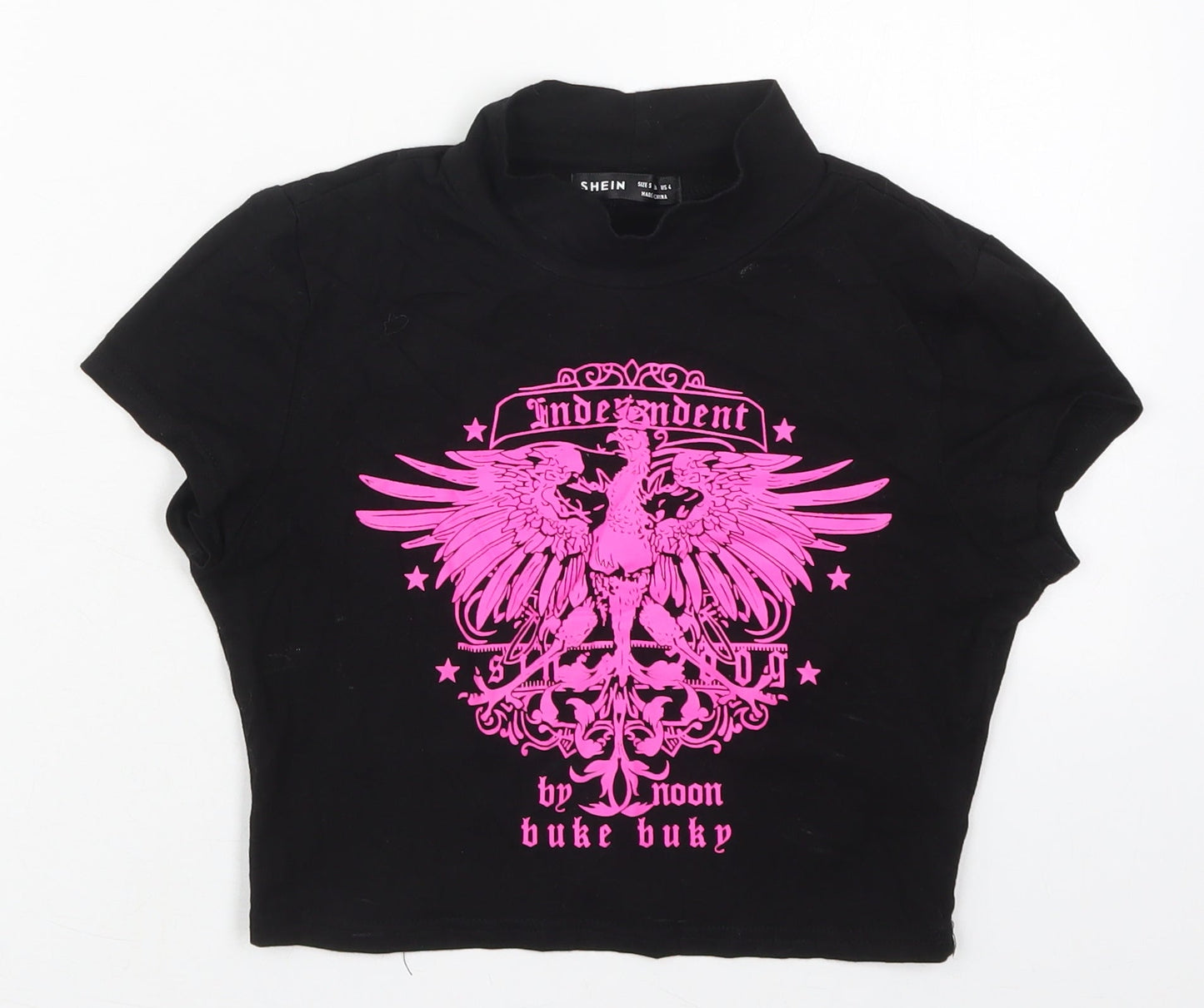 SheIn Womens Black  Cotton Cropped T-Shirt Size S Mock Neck - Bird