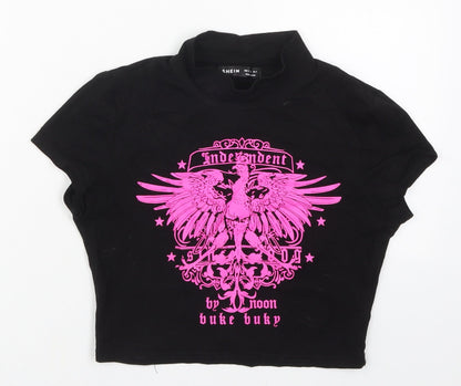 SheIn Womens Black  Cotton Cropped T-Shirt Size S Mock Neck - Bird