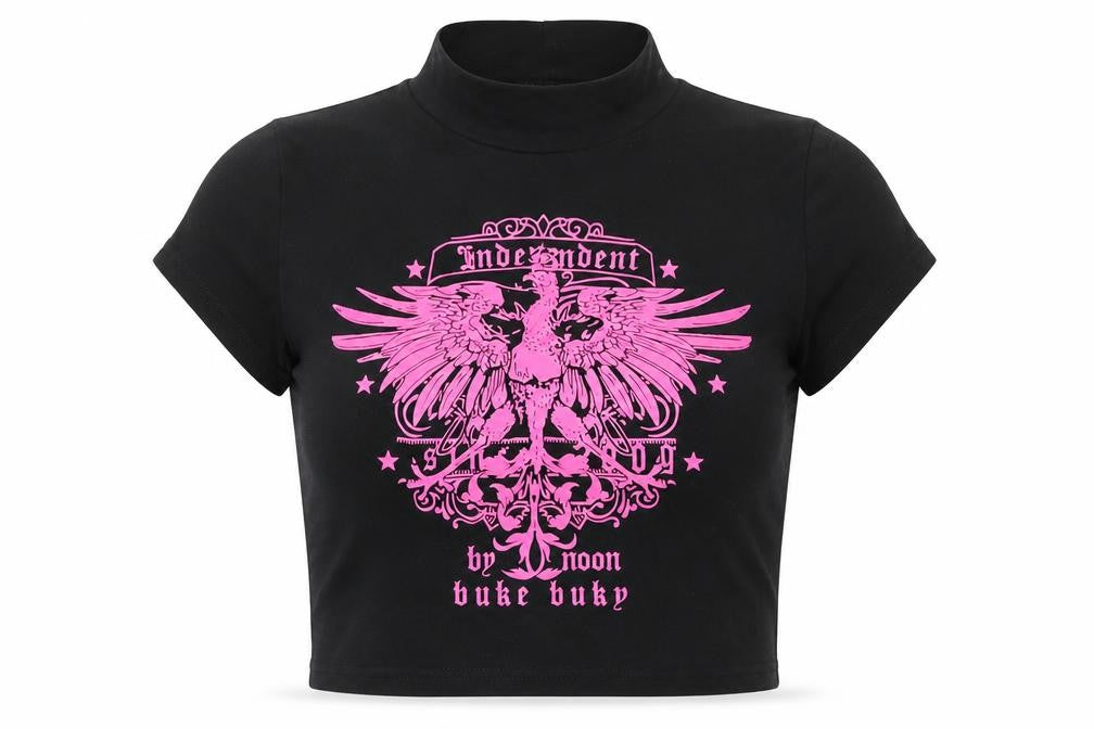 Front view of SHEIN women’s black cotton cropped t-shirt, size S, mock neck - bird