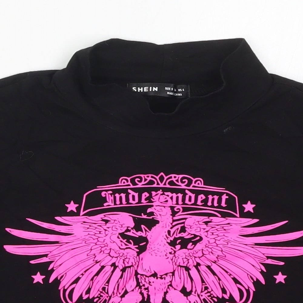 SheIn Womens Black  Cotton Cropped T-Shirt Size S Mock Neck - Bird