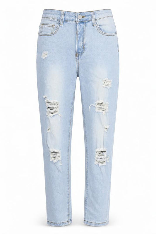 Front view of SHEIN women’s blue cotton mom jeans, size S, 27-inch leg regular button