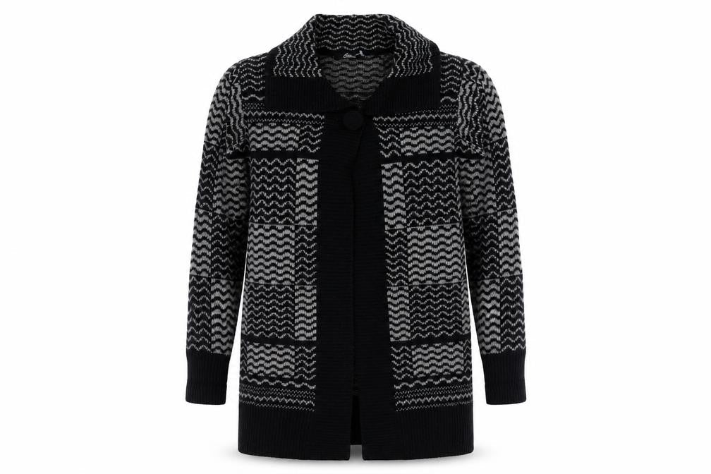 Front view of Bonmarché women’s black collared geometric acrylic cardigan jumper, size M