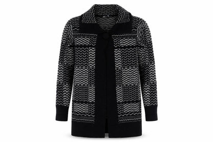 Front view of Bonmarché women’s black collared geometric acrylic cardigan jumper, size M