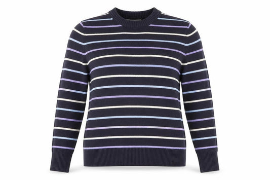 Front view of Berkertex women’s blue round neck striped acrylic jumper, size UK 10