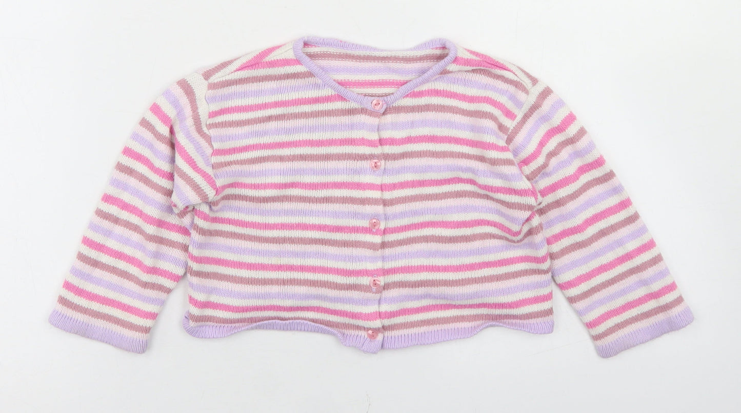 Marks and Spencer Girls Pink Striped Acrylic Cardigan Jumper Size 18-24 Months  Button