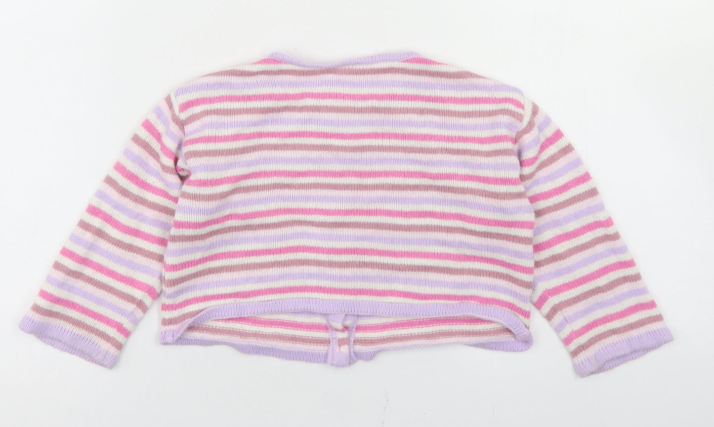 Marks and Spencer Girls Pink Striped Acrylic Cardigan Jumper Size 18-24 Months  Button