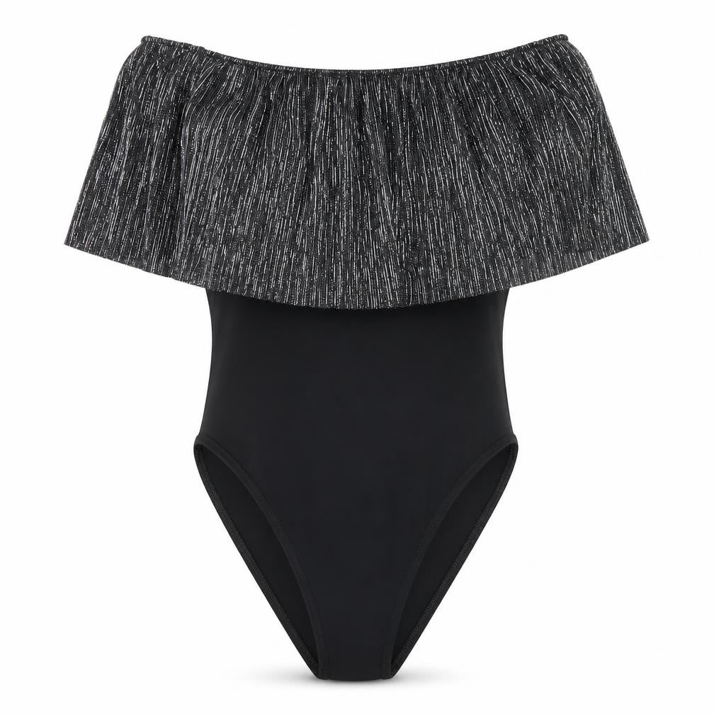 Front view of TFNC women’s black polyester bodysuit one-piece, size M, snap