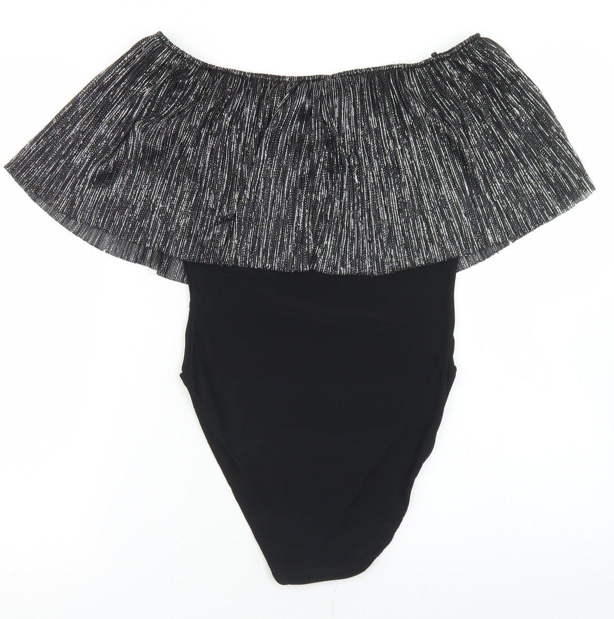 Back view of TFNC women’s black polyester bodysuit one-piece, size M, snap