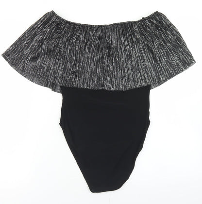 Back view of TFNC women’s black polyester bodysuit one-piece, size M, snap