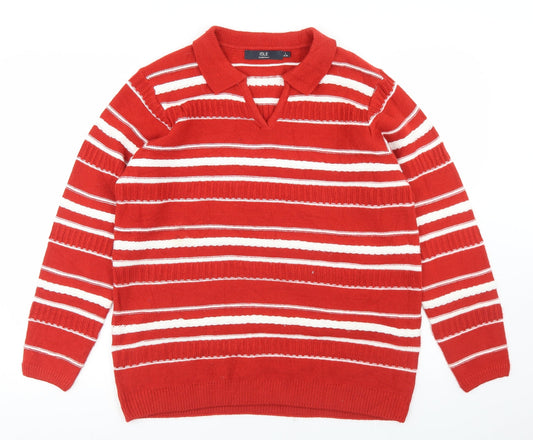 Isle Essentials  Womens Red Collared Striped Acrylic Pullover Jumper Size L