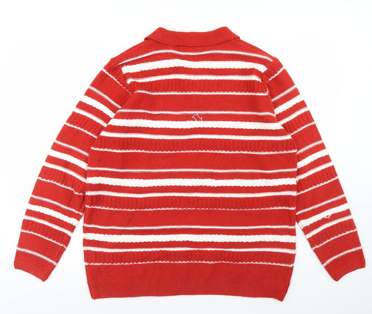 Isle Essentials  Womens Red Collared Striped Acrylic Pullover Jumper Size L