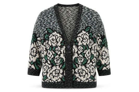 Front view of Pins & Needles women’s multicoloured v-neck floral acrylic cardigan jumper, size M