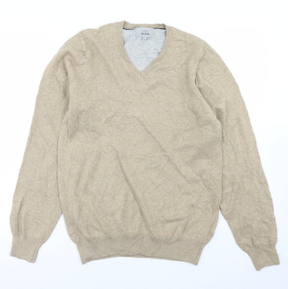 Marks and Spencer Mens Beige V-Neck  Cotton Pullover Jumper Size S
