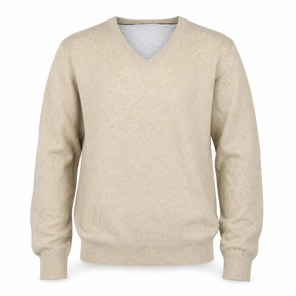 Front view of Marks & Spencer men’s beige v-neck cotton jumper, size S