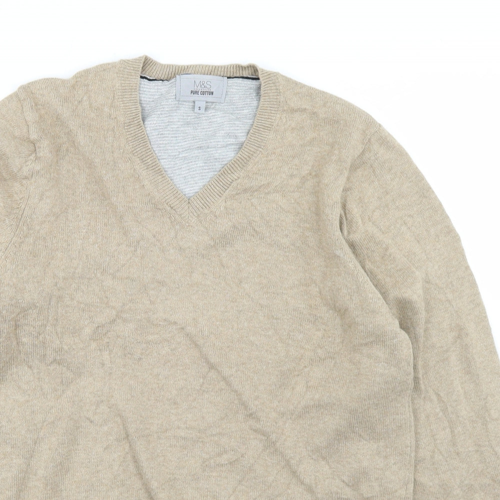 Marks and Spencer Mens Beige V-Neck  Cotton Pullover Jumper Size S