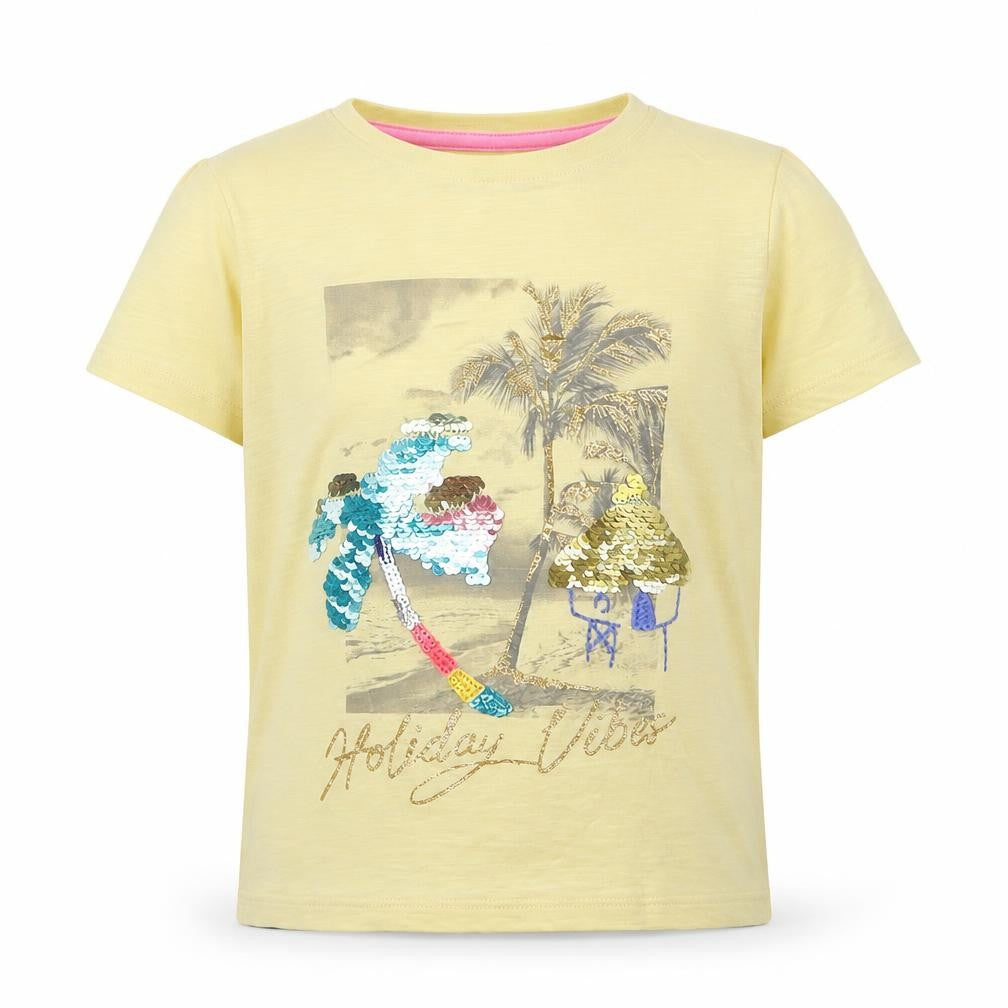 Front view of Marks & Spencer girls’ yellow cotton basic t-shirt, size 6-7, years crew neck pullover