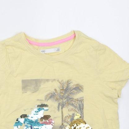 Marks and Spencer Girls Yellow  Cotton Basic T-Shirt Size 6-7 Years Crew Neck Pullover