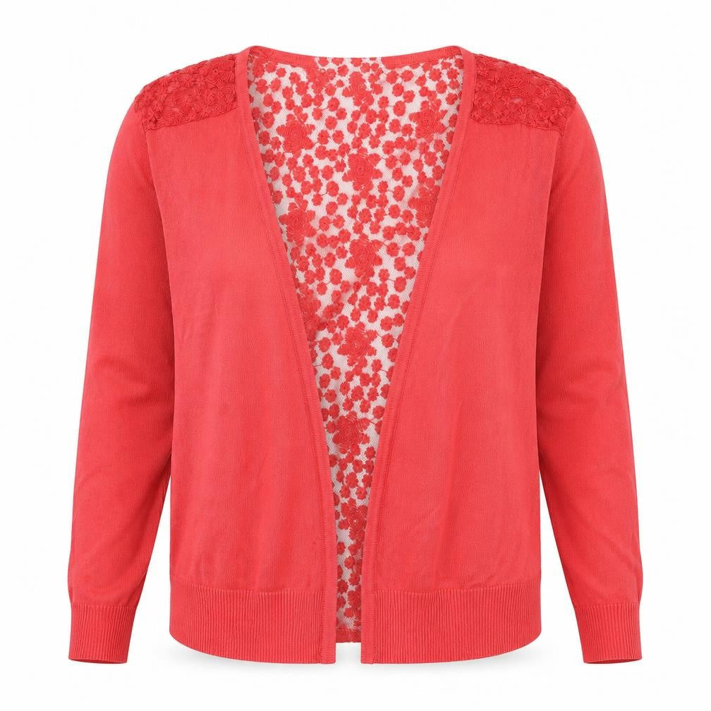 Front view of Autonomy women’s red v-neck floral polyester cardigan jumper, size L