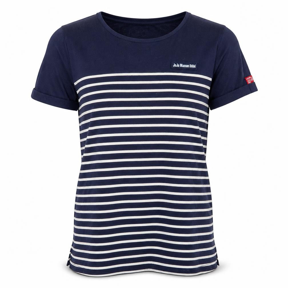 Front view of JoJo Maman Bébé women’s blue striped cotton basic t-shirt, size M, round neck