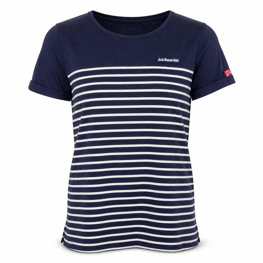 Front view of JoJo Maman Bébé women’s blue striped cotton basic t-shirt, size M, round neck