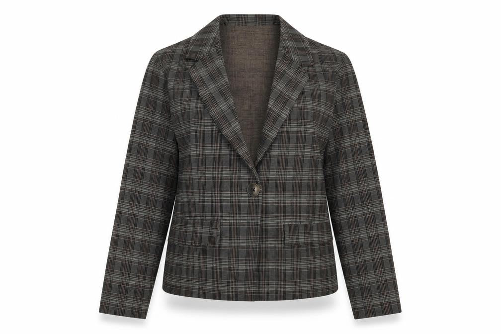 Front view of Pieces women’s grey check jacket, size M, button