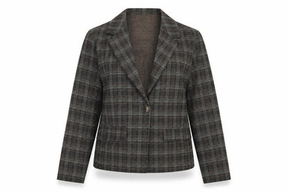 Front view of Pieces women’s grey check jacket, size M, button