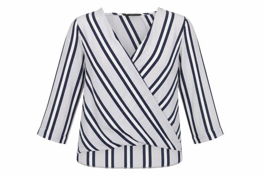Front view of Atmosphere women’s grey striped polyester basic blouse, size UK 8, v-neck