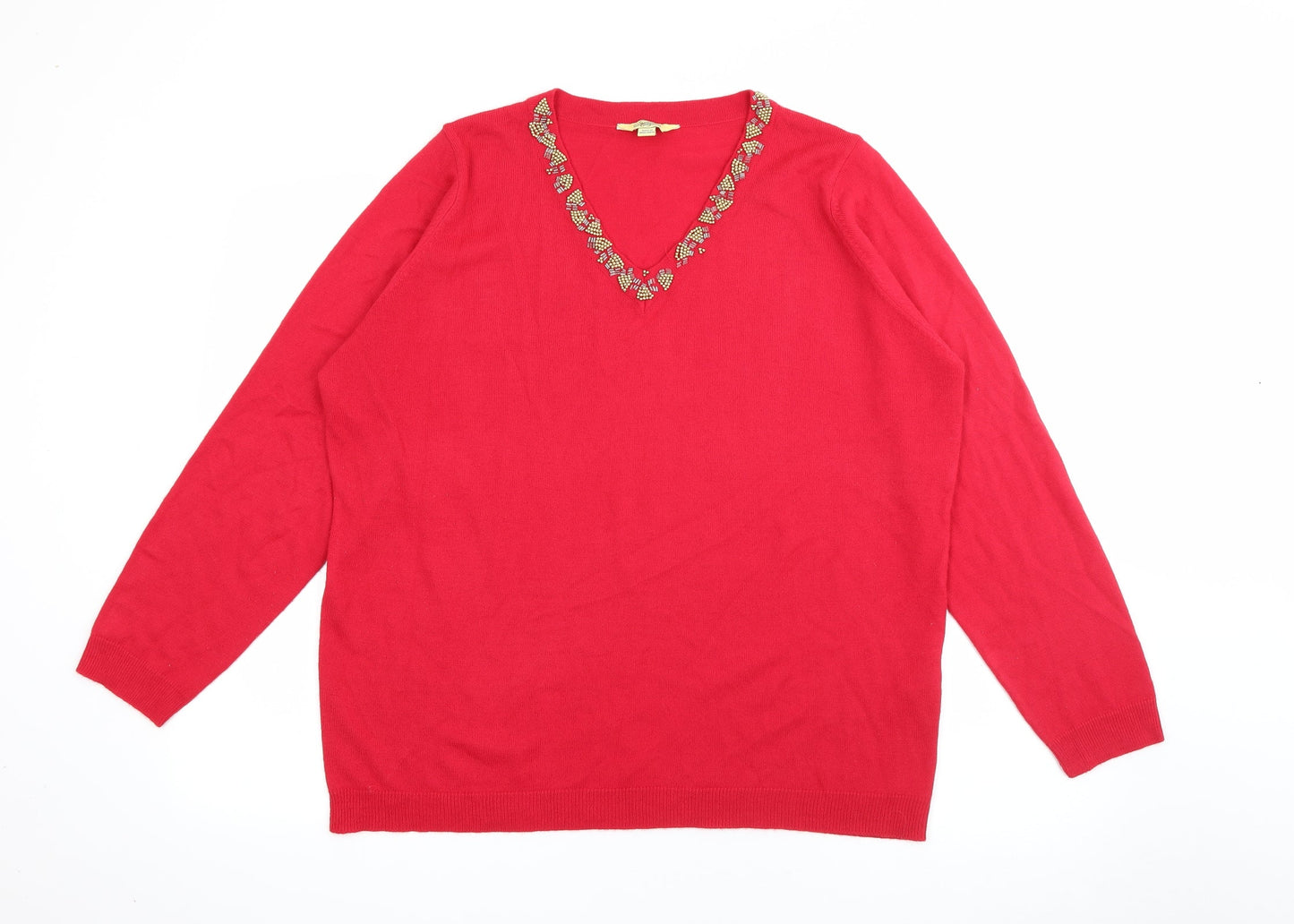 Classics Womens Red V-Neck  Acrylic Pullover Jumper Size 20