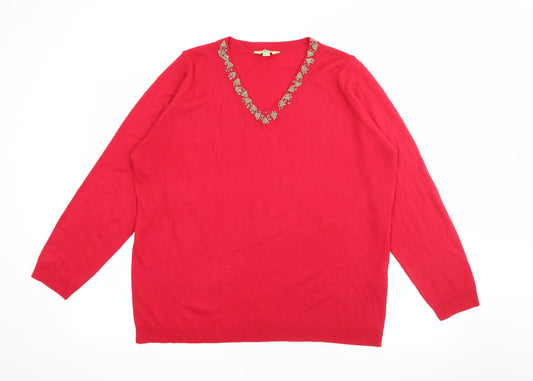 Classics Womens Red V-Neck  Acrylic Pullover Jumper Size 20