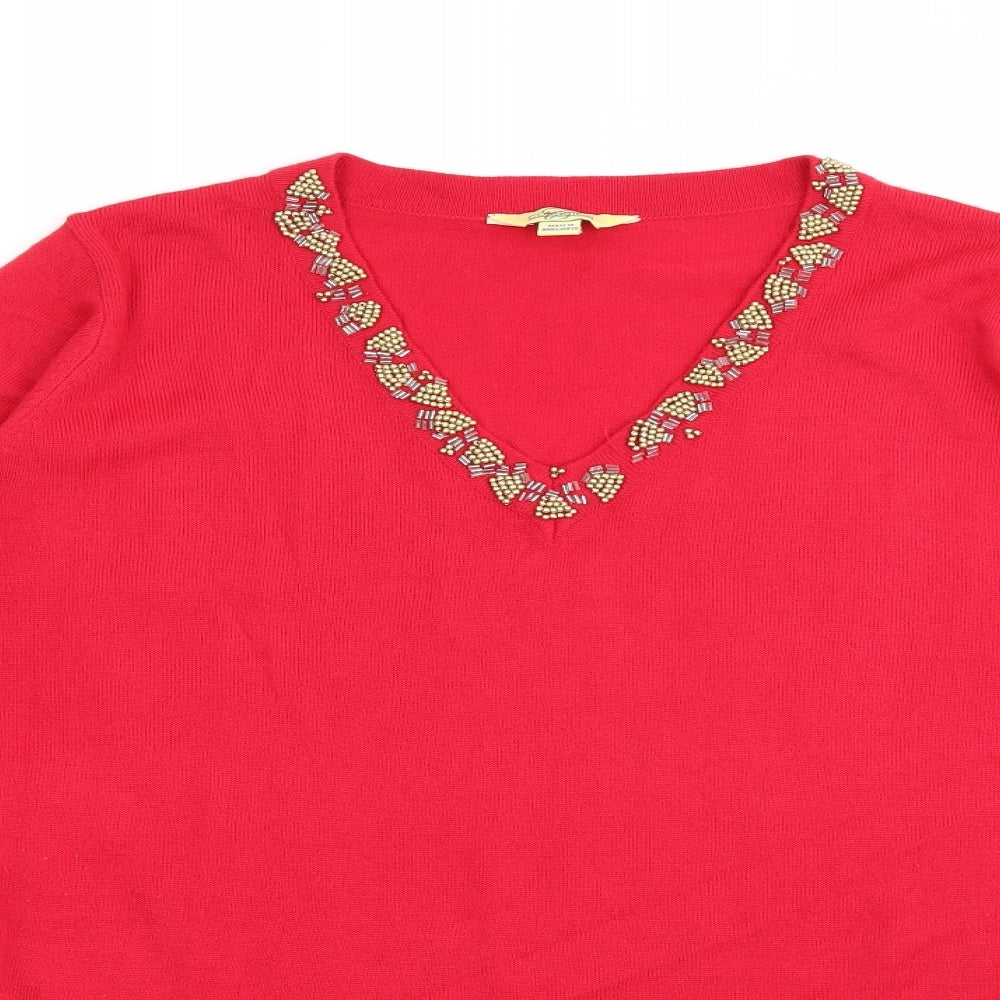 Classics Womens Red V-Neck  Acrylic Pullover Jumper Size 20