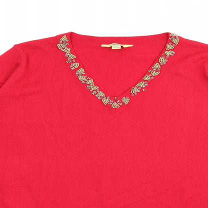 Classics Womens Red V-Neck  Acrylic Pullover Jumper Size 20