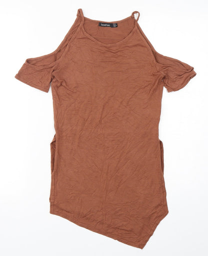Boohoo Womens Brown  Viscose Basic T-Shirt Size 6 Round Neck