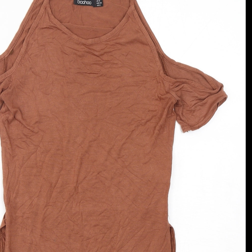 Boohoo Womens Brown  Viscose Basic T-Shirt Size 6 Round Neck