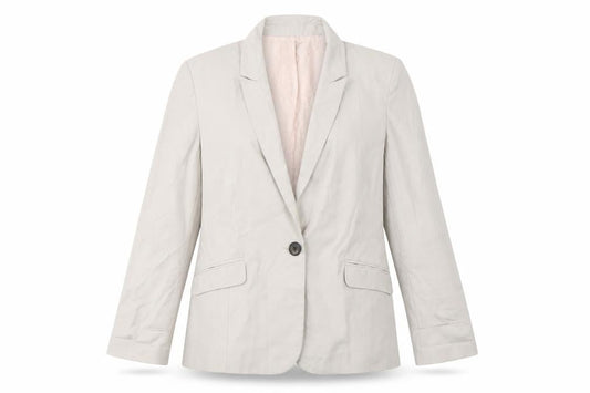 Front view of River Island women’s beige polyester jacket suit jacket, size UK 10
