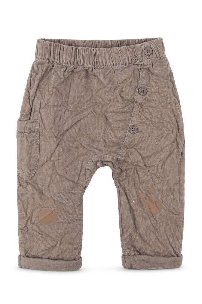 Front view of Tu boys’ brown cotton capri trousers, size 6-9, months - paw prints