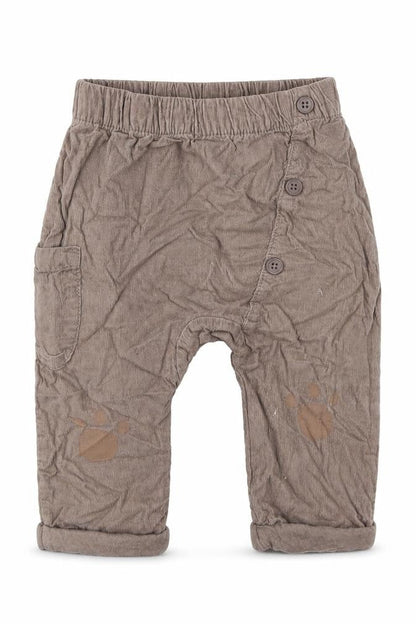 Front view of Tu boys’ brown cotton capri trousers, size 6-9, months - paw prints